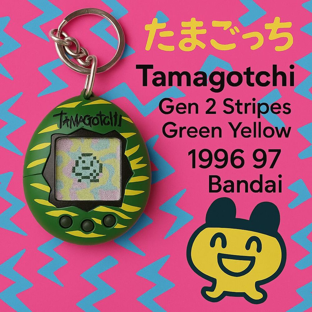 Bandai Tamagotchi Gen 2 Virtual Pet Keychain 1997 Green Yellow Stripes Tested